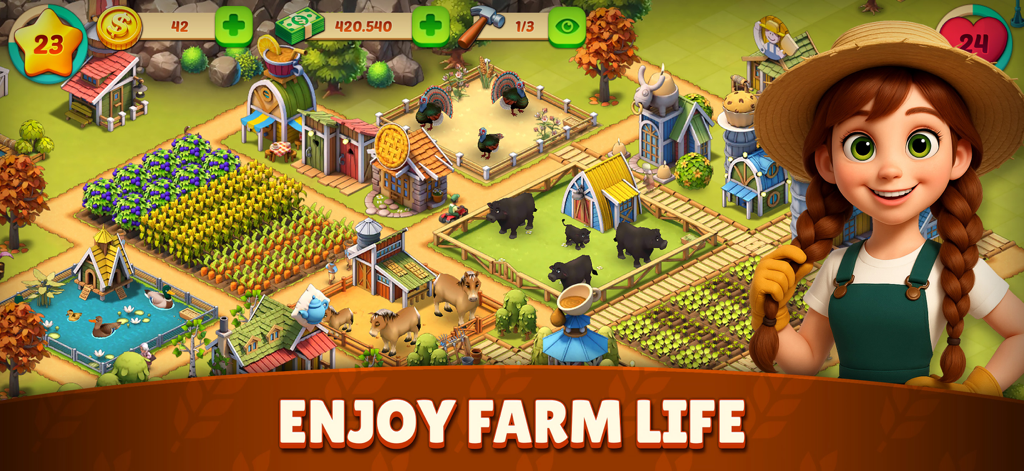 Animal Farm Life: Town Farming - 鮮やかな農場シミュレーション。女性キャラクター、様々な3D動物、作物が表示されています