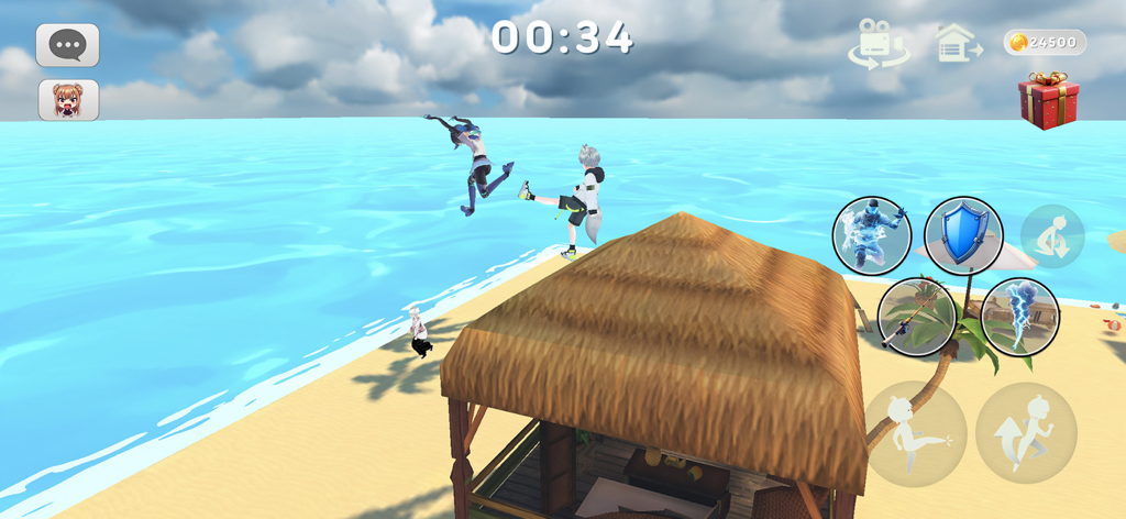 The floor is lava game brawl - Ein Anime-Charakter tritt einen Rivalen von einer strohgedeckten Hütte ins Meer in einer tropischen Kampfarena.