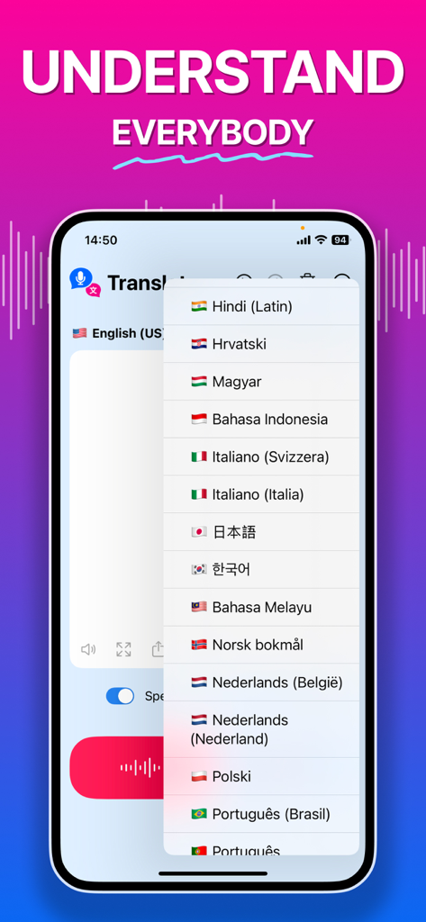 Voice Translator - Translata - Screenshot dell'app Translata che mostra un menu a discesa con un'ampia varietà di lingue supportate per la traduzione