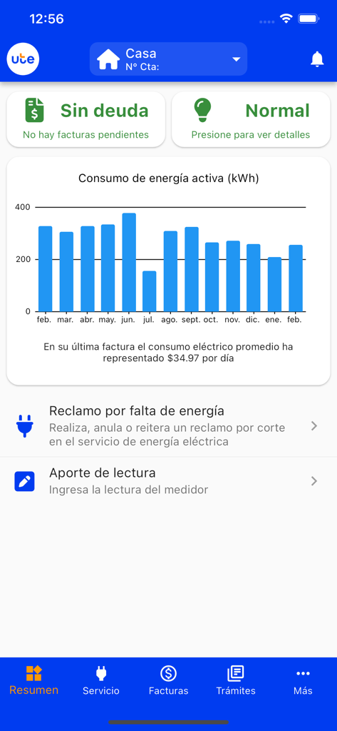 Dashboard dell'app UTE Clientes che mostra il grafico del consumo energetico e lo stato dell'account.