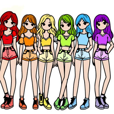 a group of girls wearing crop tops and shorts