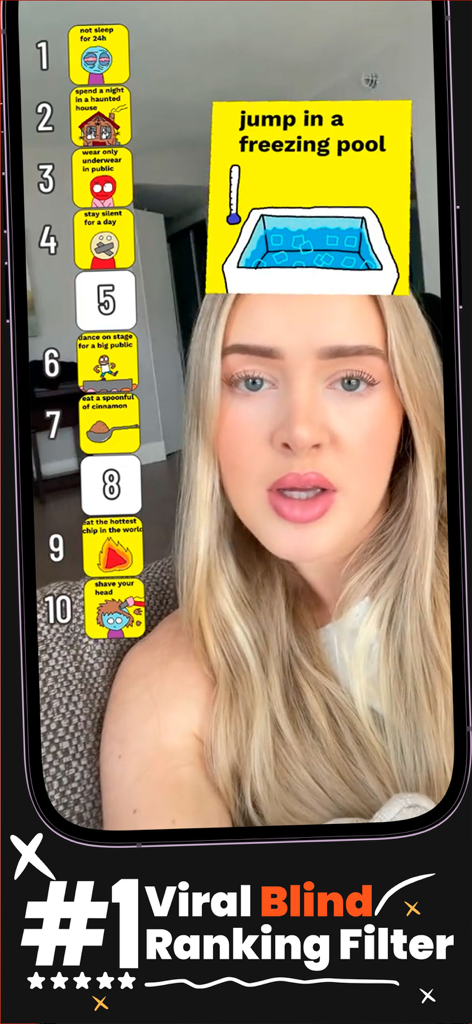A woman using a viral blind ranking filter to rank funny challenges and dares