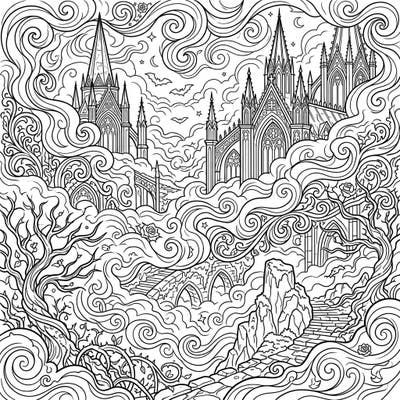 Dive into a world of gothic mystery with this intricate coloring page, depicting majestic castles veiled in a dense, swirling fog. Perfect for adults seeking a detailed and atmospheric coloring challenge.
