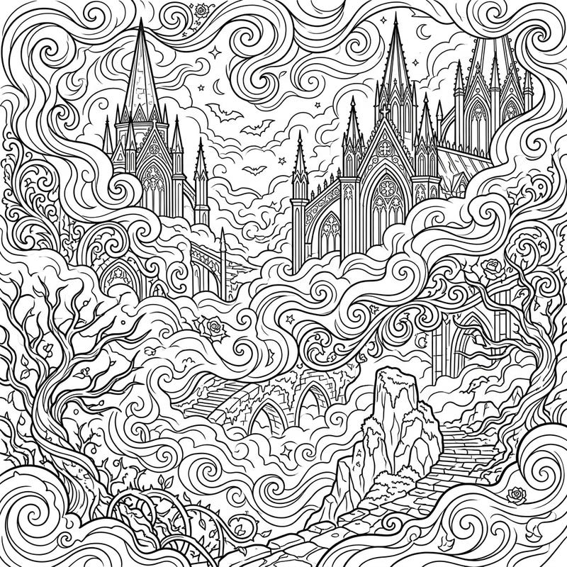 Dive into a world of gothic mystery with this intricate coloring page, depicting majestic castles veiled in a dense, swirling fog. Perfect for adults seeking a detailed and atmospheric coloring challenge.