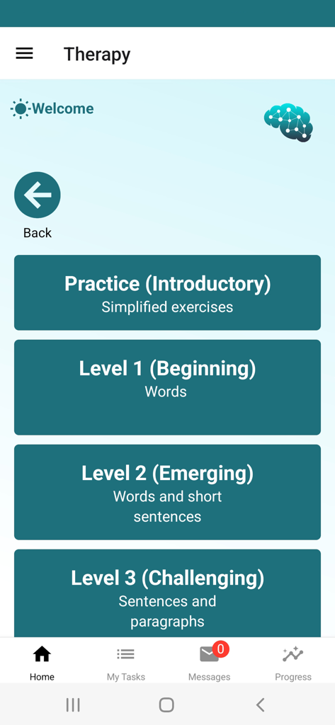 Interface de l'application My Aphasia Coach montrant quatre niveaux d'orthophonie distincts, de la pratique d'introduction aux exercices stimulants.
