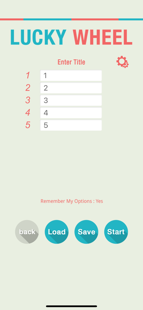 ユーザーがカスタムタイトルと5つの異なる決定オプションを入力できるラッキーホイールラッキードローアプリの入力画面