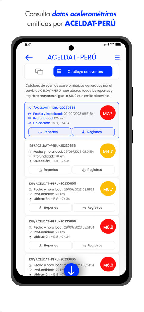 #IGP - Schermata dell'app mobile IGP che mostra un catalogo di eventi sismici e magnitudo da ACELDAT-Perù