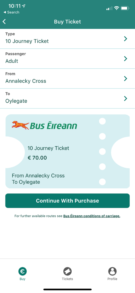 TFI Go - TFI Go mobile app interface showing the buy ticket screen for a Bus Eireann 10 journey ticket from Annalecky Cross to Oylegate