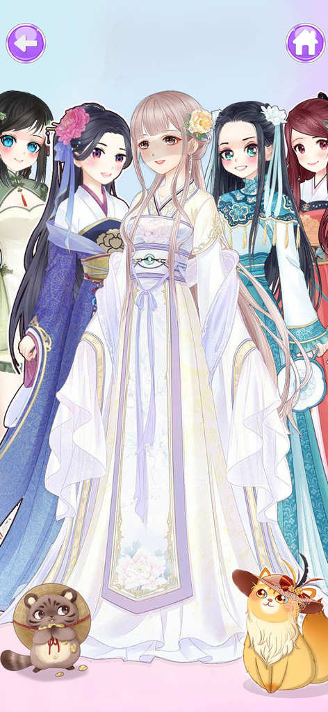Anime Dress up Games Fashion - Un grupo de muñecas anime vestidas con elegante moda tradicional oriental con detalles florales y lindos compañeros animales