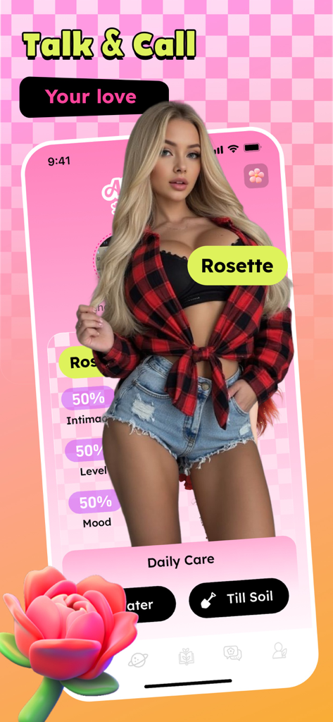 Screenshot of Haysi app showing botanical AI companion Rosette with interaction buttons