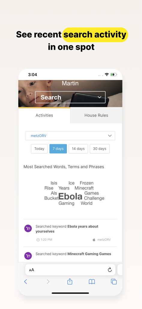 Norton Family app dashboard displaying a word cloud and list of a childs recent search activity