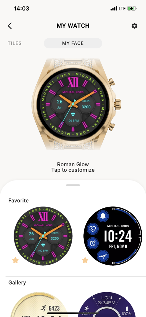 Michael Kors Access - Michael Kors Access app screen showing customization options for a luxury gold smartwatch face.