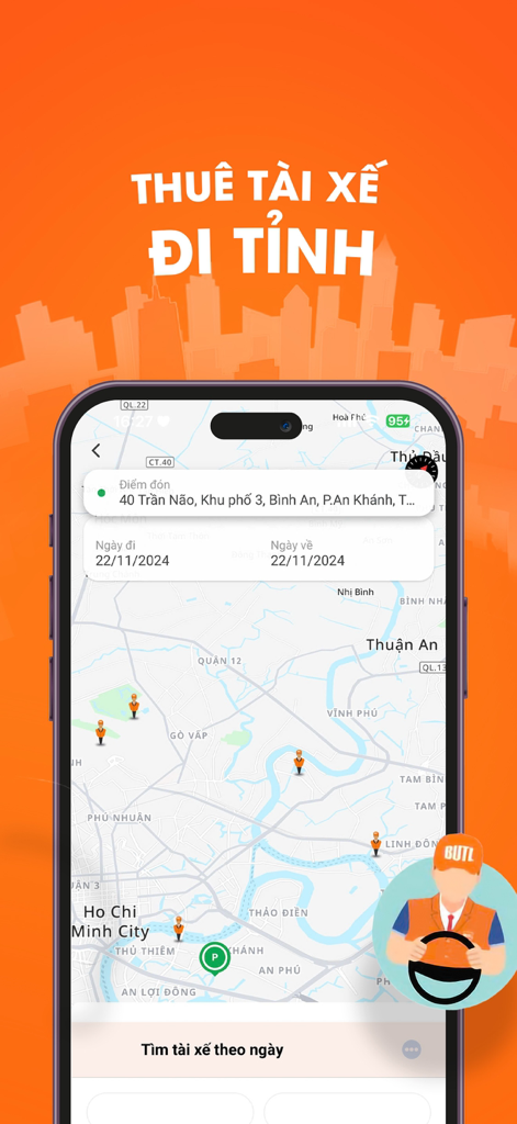 BUTL app map interface showing available professional drivers for hire on a smartphone screen