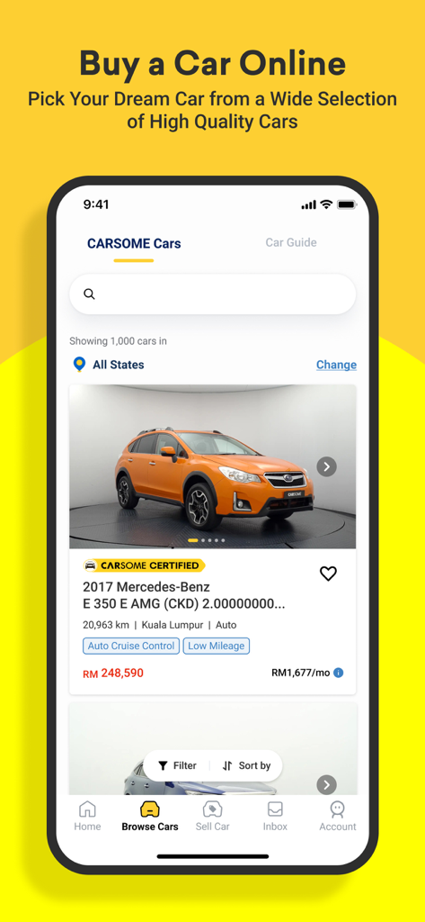 CARSOME mobile app interface showing a certified used car listing with price and financing details