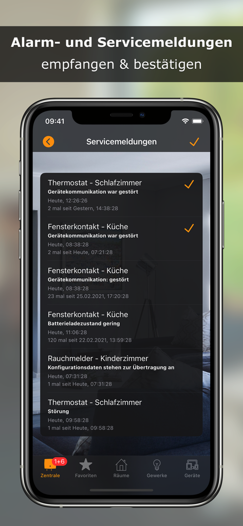 Pantalla de smartphone que muestra alertas de servicio y estado del dispositivo para la aplicación @Home para Homematic.