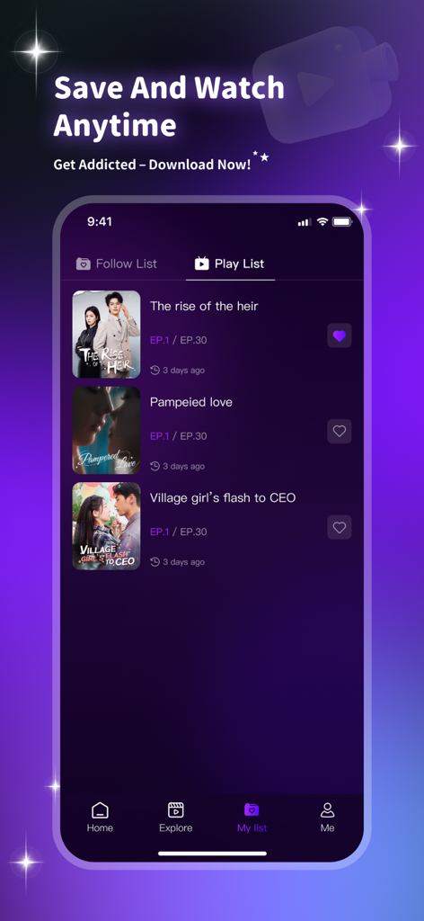 Elyon - Elyon app interface showing a playlist of saved short drama episodes with a header that says Save And Watch Anytime