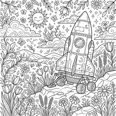 Blast off into creativity with this enchanting coloring page, depicting a detailed spacecraft exploring a vibrant spring landscape. Surrounded by cheerful blossoms, fluttering butterflies, and a beaming sun, it's a delightful fusion of cosmic wonder and natural beauty.