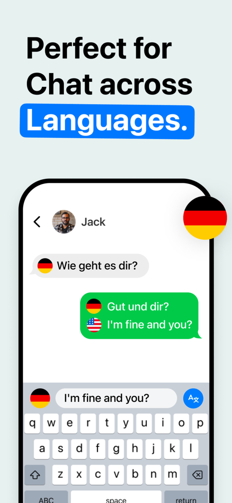 Translator Keyboard : Lingo - Mobile chat interface showing instant German to English translation with the Translator Keyboard app