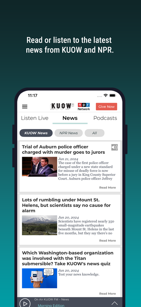 KUOW Puget Sound Public Radio - KUOW Puget Sound Public Radio app news feed showing local and national headlines