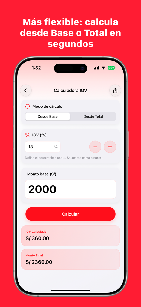iPhone screenshot of the IGV Peru Tool app showing a tax calculation of 18 percent on a base amount of 2000 Soles