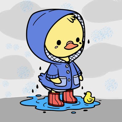 baby duck in a rain coat and boots, in a puddle while it’s raining