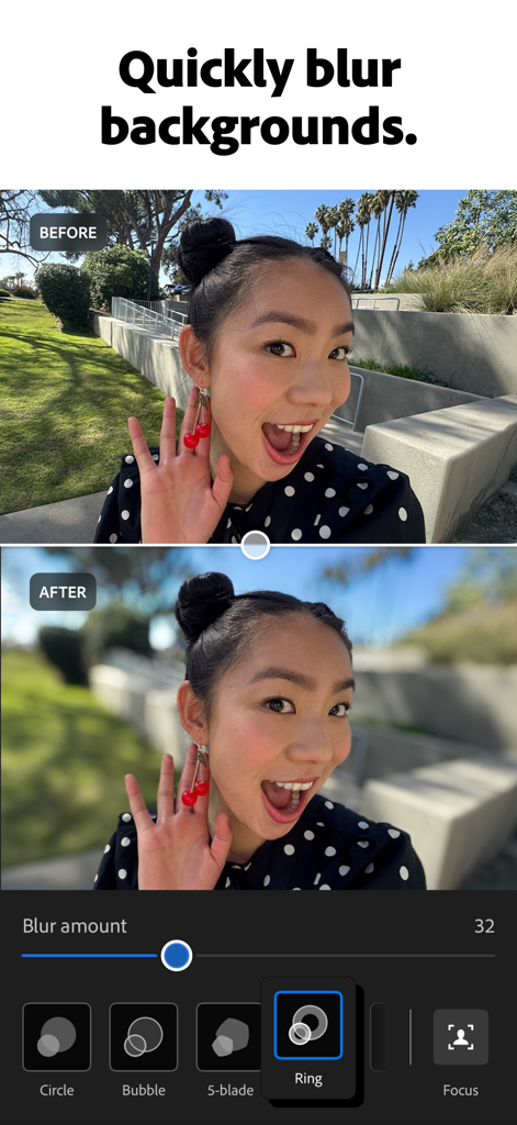 Comparaison de portraits avant et après application du flou d'arrière-plan dans Adobe Lightroom
