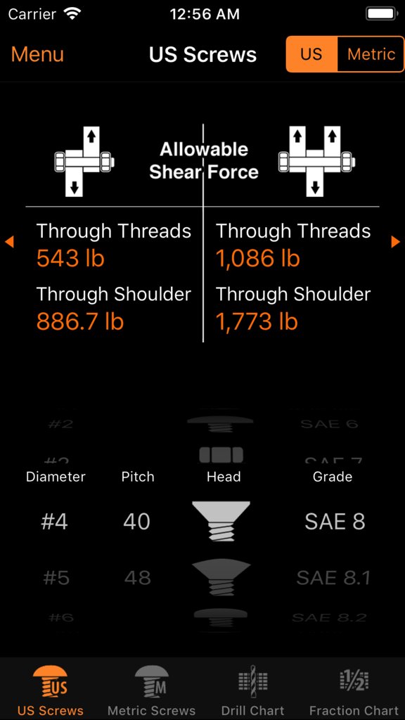 iEngineer - iEngineer app screen showing allowable shear force data for US screws.