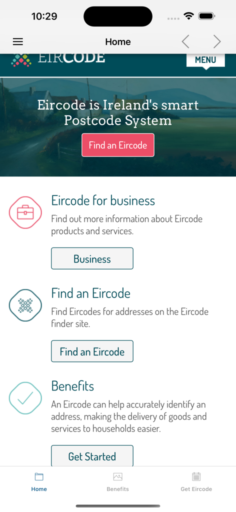 Eircode Finder - Eircode Finder mobile app home screen with search options for Irish postcodes