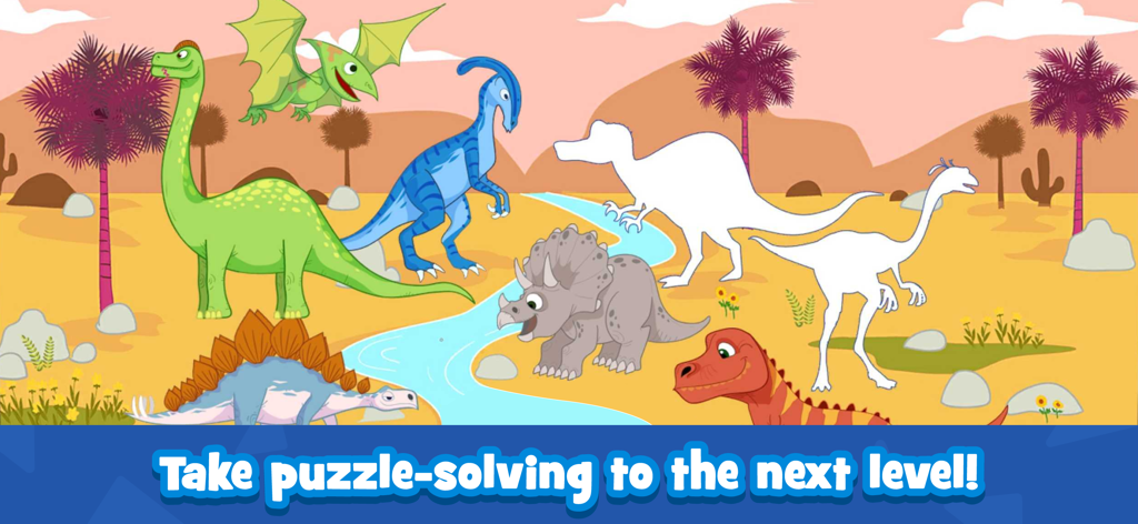 Dinosaur themed sticker puzzle game for toddlers featuring colorful prehistoric animals and silhouettes to match