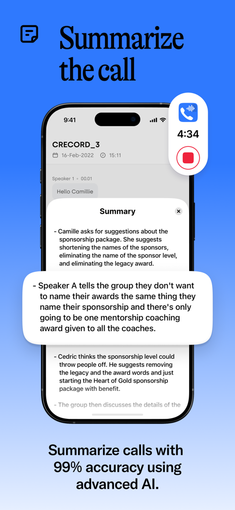 Call Recorder for iPhone Calls - Résumé généré par l'IA d'un appel téléphonique enregistré sur l'écran d'un iPhone