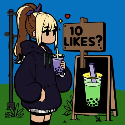 girl with oversized hoodie drinking boba and she has a high ponytail with a sign that says 10likes?