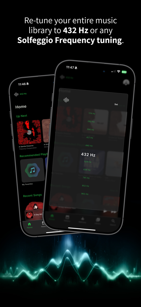 HZP (Hertz Player) - Interfaz de la aplicación HZP en dos teléfonos inteligentes que muestran opciones para reafinar música a 432 Hz y varias frecuencias Solfeggio