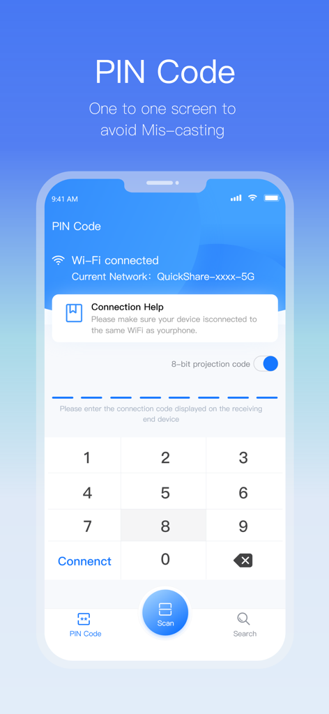 QuickShare Client - Aplicación QuickShare Client que muestra la pantalla de conexión de código PIN para una transmisión de pantalla segura