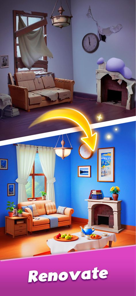 Before and after comparison of a living room renovation feature in Sweet Sort game