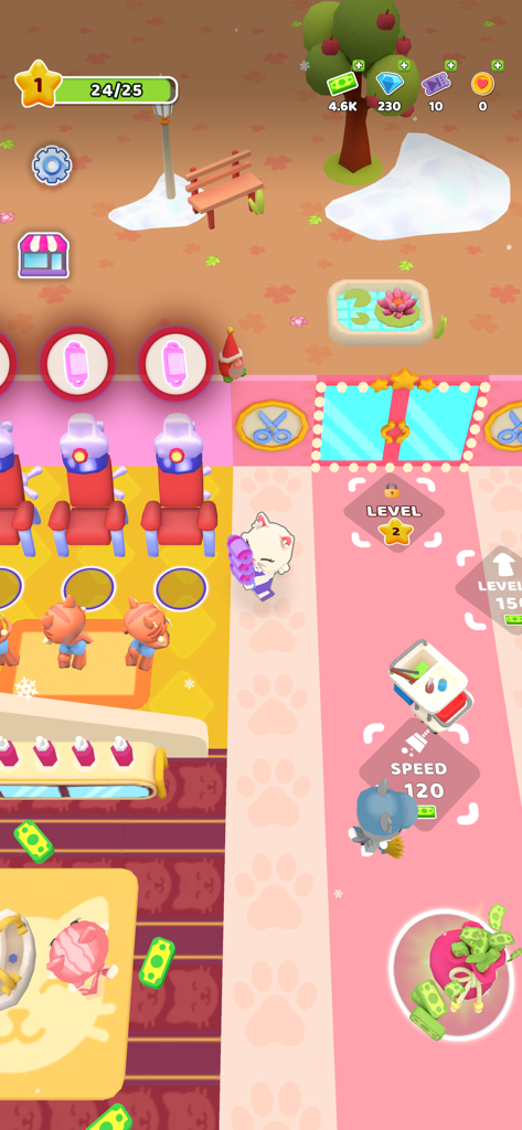 Purrfect Cat Club: Pet Salon - Vista cenital de un personaje gato dirigiendo un salón de mascotas rosa con estaciones de aseo