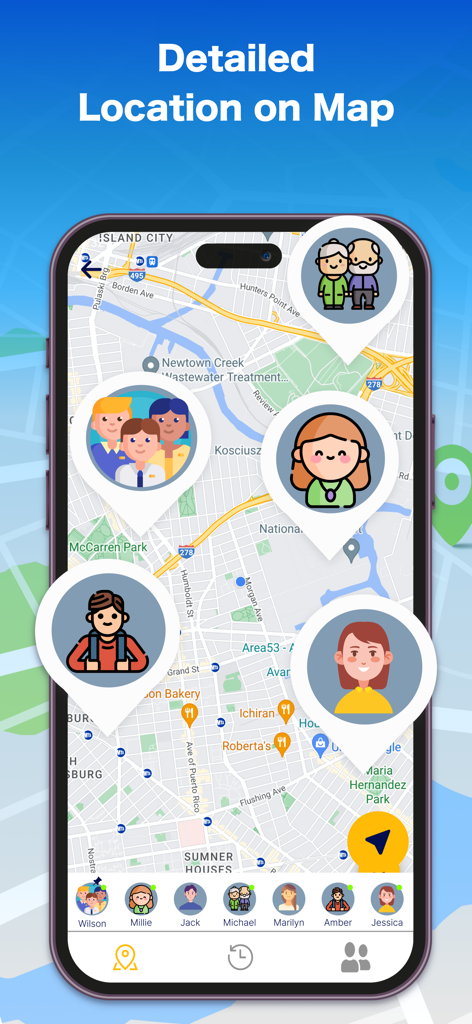 Real-time GPS Location Sharing - Uma interface de mapa dentro do aplicativo Compartilhamento de Localização GPS em Tempo Real mostrando as localizações em tempo real de vários membros da família e amigos usando avatares de desenhos animados.