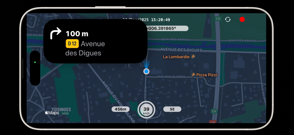 DashCam Recorder app interface on an iPhone showing a map with navigation instructions, current speed, altitude, and GPS coordinates.
