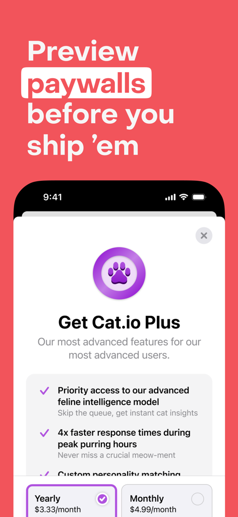 Screenshot of RevenueCat Mobile app displaying a paywall preview feature for developers