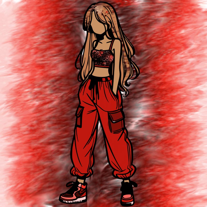 girl in baggy pants crop top and long hair