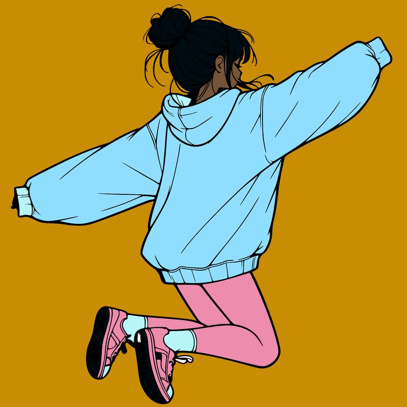 realistic girl jumping with a bun and oversized sweatshirt