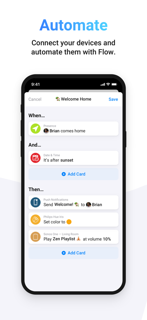 Interface of the Homey app showing the creation of an automated Flow routine for a smart home.