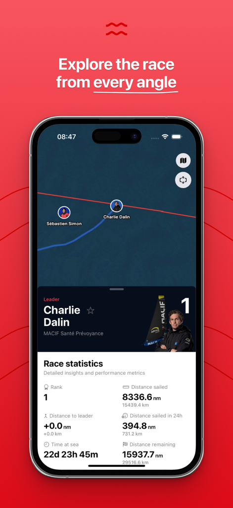 Vendée Live - Vendee Live app interface showing real-time race statistics and boat positions on a map