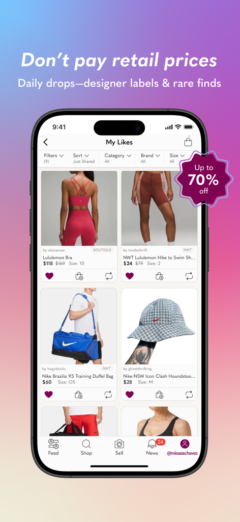 Poshmark: Buy & Sell Fashion - Poshmarkモバイルアプリ画面に、70パーセント割引バッジ付きのファッションセールおよびデザイナーブランドが表示されている