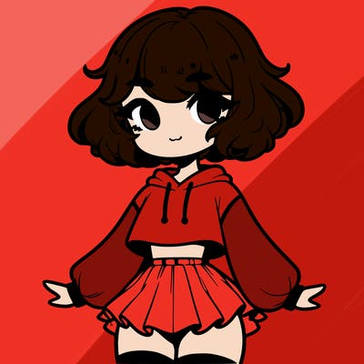 cute femboy with short, fluffy hair that softly frames their face, wearing a cropped hoodie, paired with a flouncy short skirt, and thigh-high stockings
