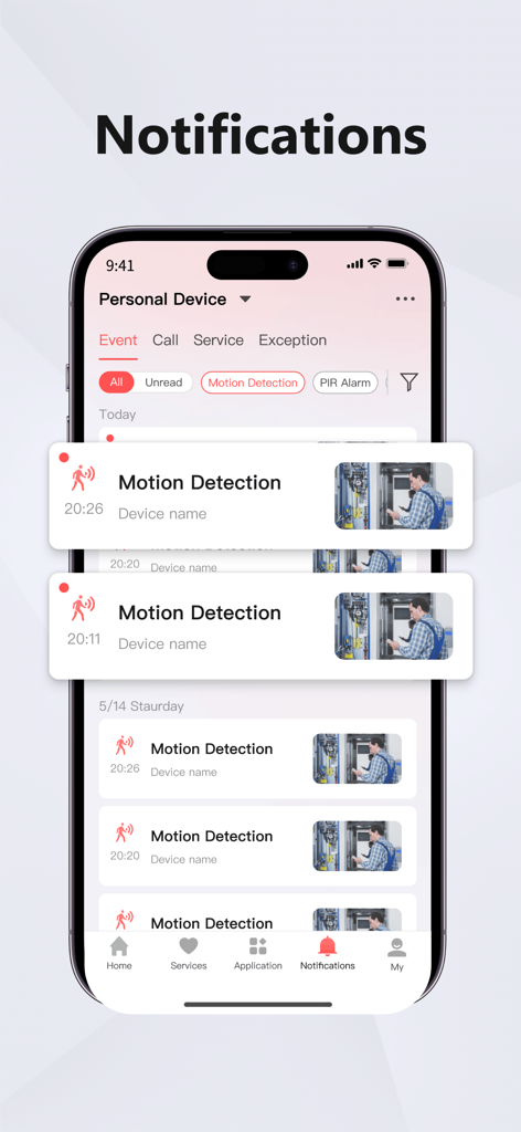 스마트폰에서 썸네일 및 타임스탬프와 함께 동작 감지 보안 알림 목록을 보여주는 Hik-Connect 앱 인터페이스