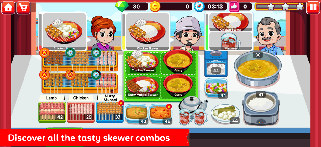 Street Grill Tycoon - Gameplay of Street Grill Tycoon showing a variety of grilled skewers and curry being prepared for customers