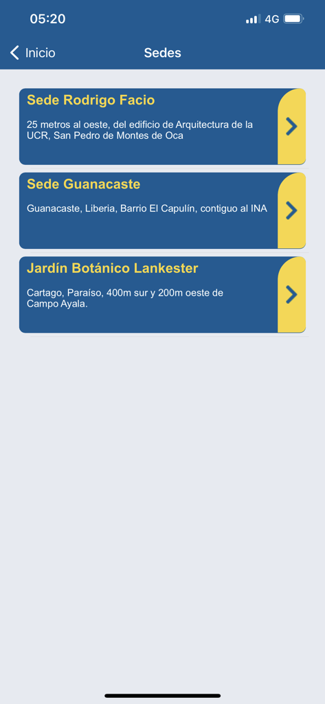JUNTA UCR - Interface of the JUNTA UCR app showing different branch locations and their addresses