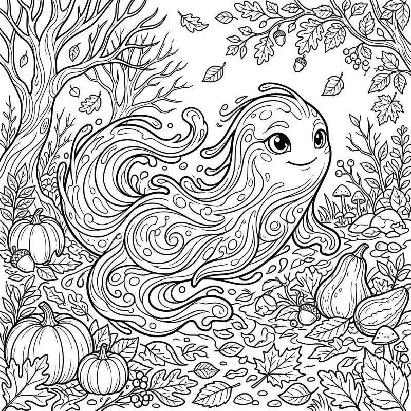 Discover a delightful water slime creature amidst a charming autumn landscape, complete with fall foliage and harvest treasures. This unique coloring page offers a whimsical blend of fantasy and seasonal joy, perfect for relaxing creative moments.