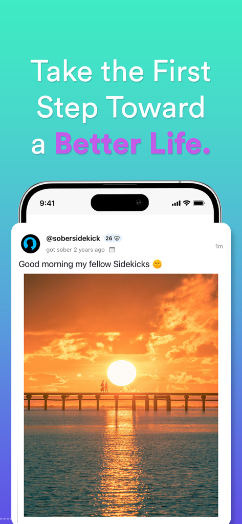 Sober SideKick: Quit Addiction - A smartphone showing a supportive community post with a sunset image in the Sober Sidekick app