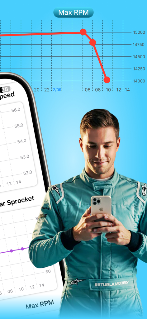 KartTrackerAI - iPhone에서 고카트 레이서가 KartTrackerAI 앱을 사용하여 엔진 RPM 및 레이싱 성능 데이터를 모니터링하는 모습